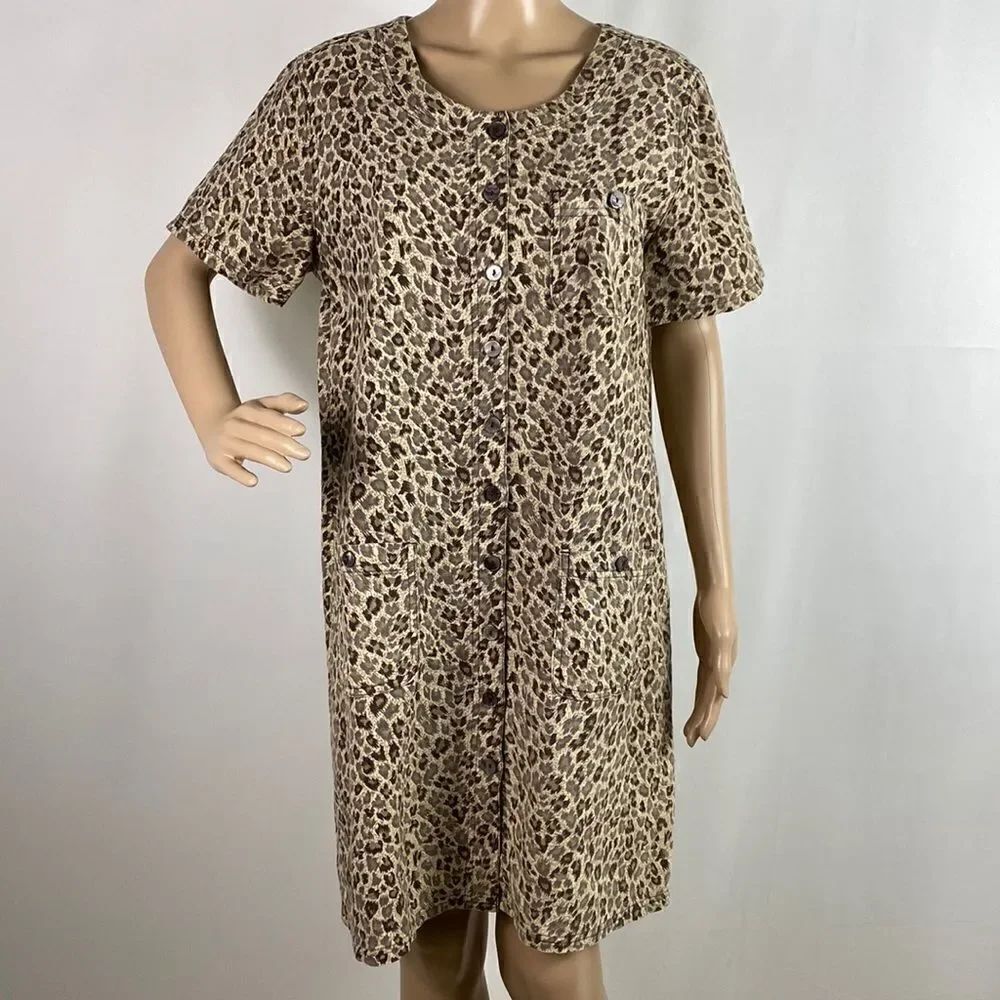 Erika Collection animal print linen cotton blend short sleeve dress size M